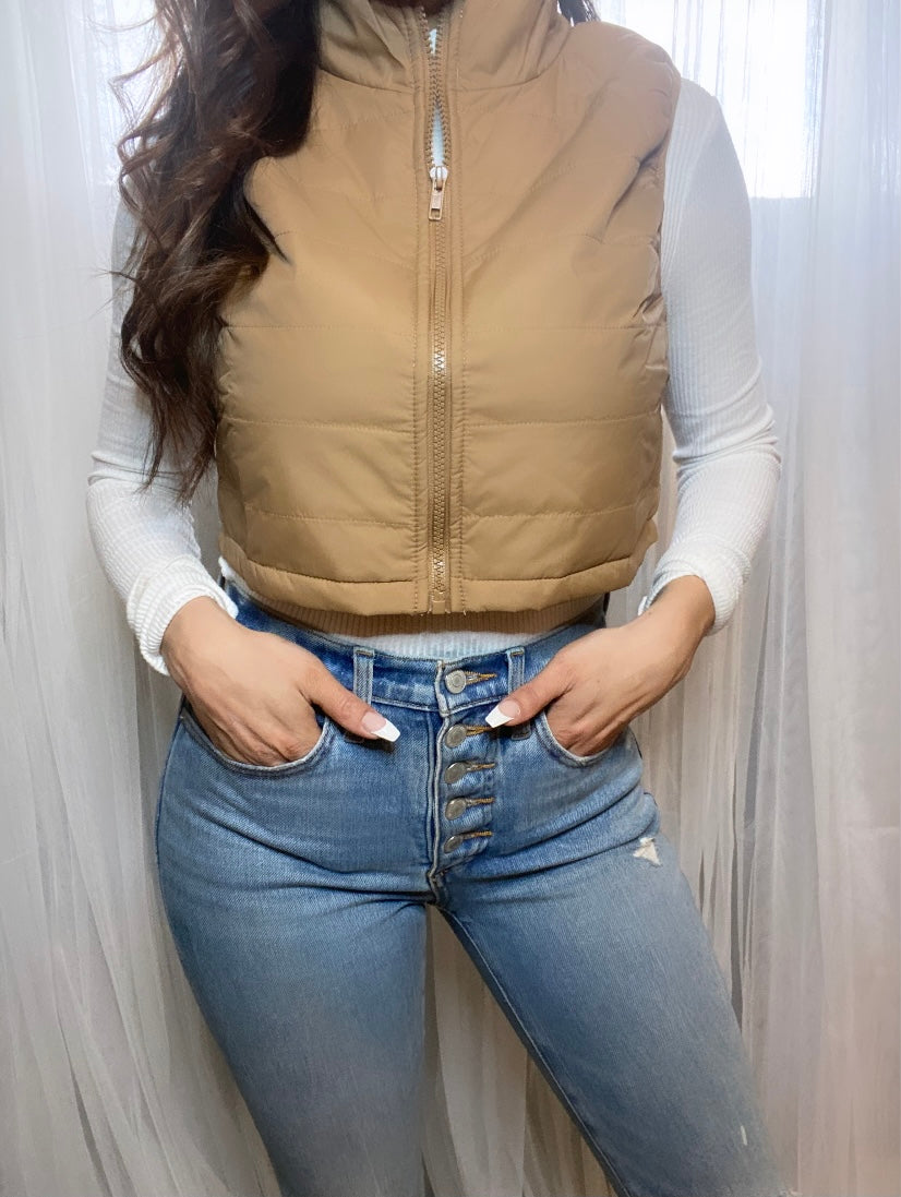 Crop Puffer Vest Tan