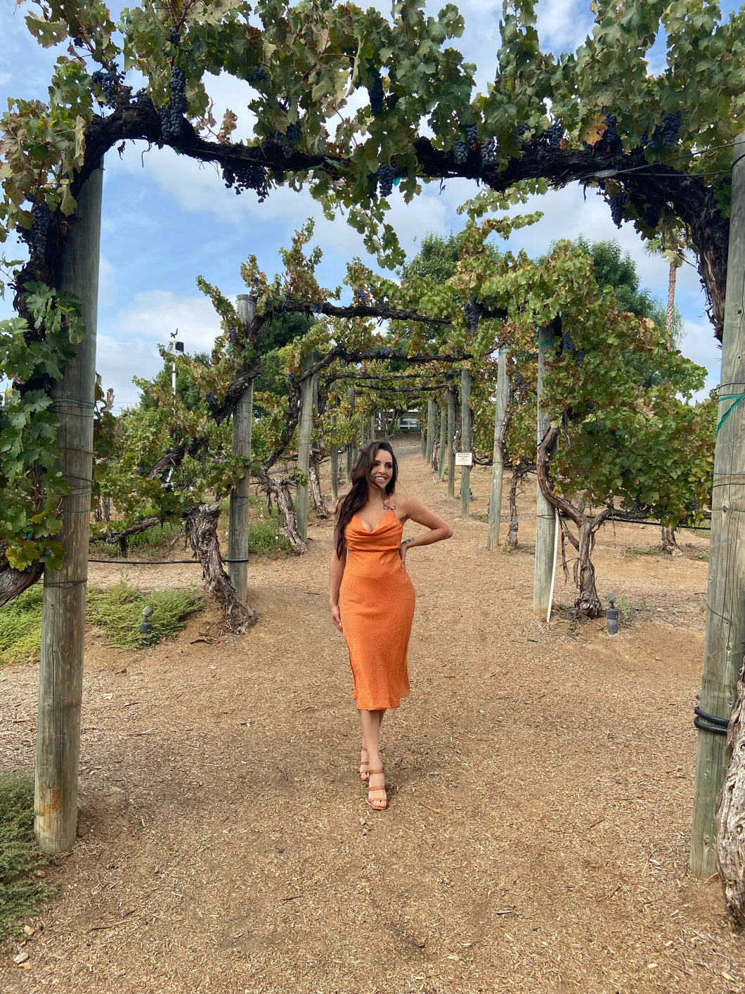 Orange Satin Midi Dress